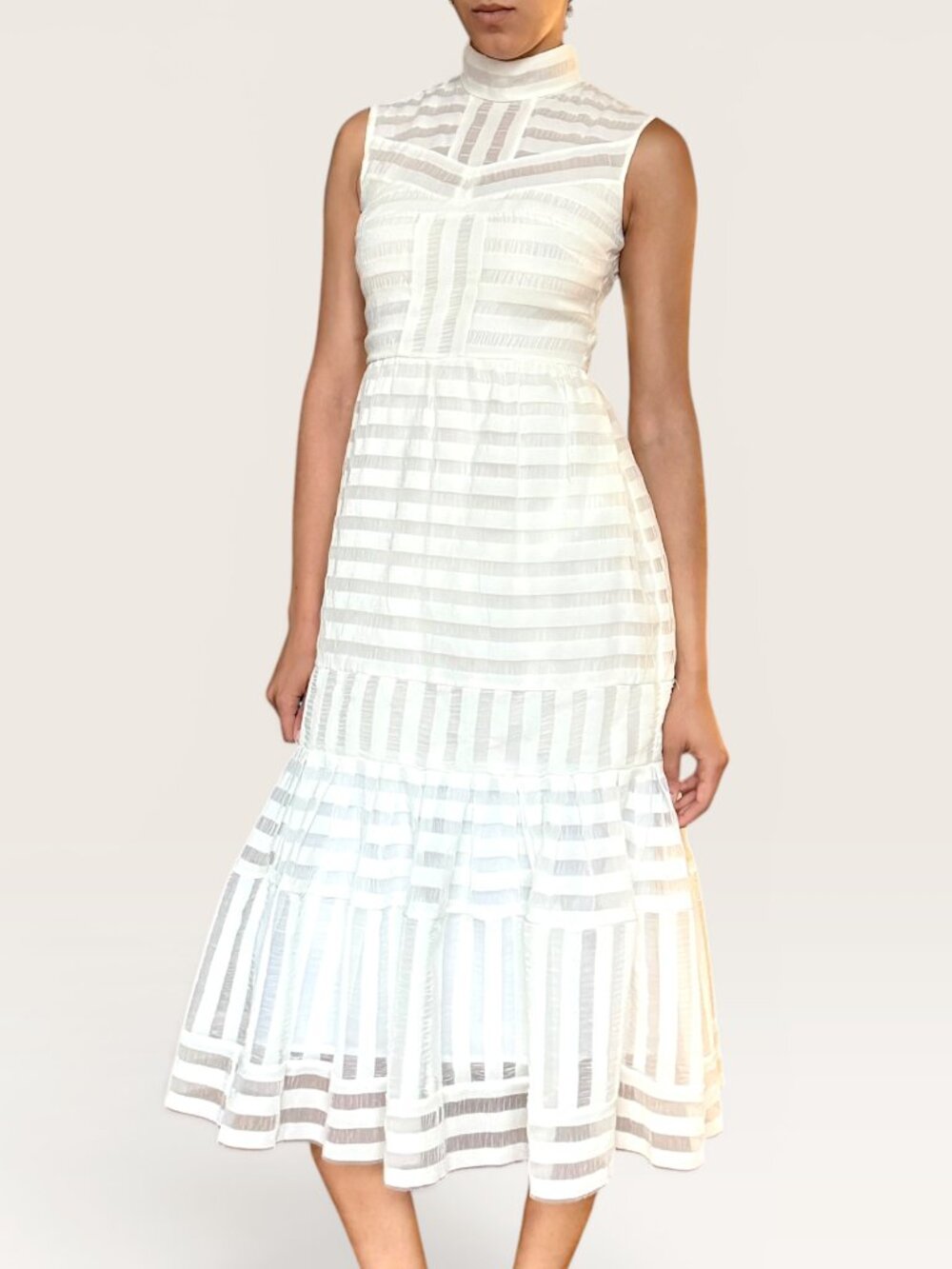 Erdem Abrielle Ivory White Stripe Silk Lined Tiered‎ Midi Dress US 4 SS16 Bridal - Picture 2 of 12